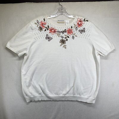#ad Alfred Dunner Shirt womens 2X White Floral Print Blouse Ramie Embroidered $15.00