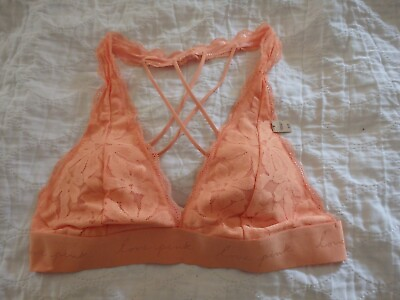 #ad NWT Victoria#x27;s Secret Crisscross Lace Halter Bralette Small Color Peach $14.99