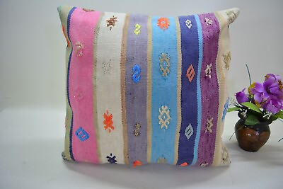 #ad Turkish Handmade Square Pillow Cover 16x16in Antique Blue Pink Kilim Pillow $35.00