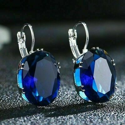 #ad 4Ct Blue Oval Sapphire Drop Dangle 14K White Gold Finish Birthday Gift Earring $109.20