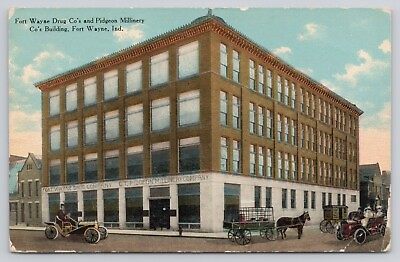 #ad Fort Wayne Drug Co and Pidgeon Millinery Blg Indiana Horse Old Car 1915 Postcard $3.89