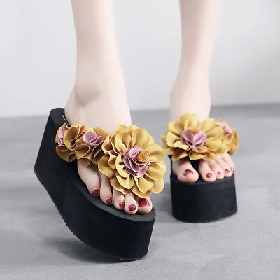 #ad Womens Flowers Flip Flops Sandals Wedge High Heels Platform Shoes Beach Slippers $21.14