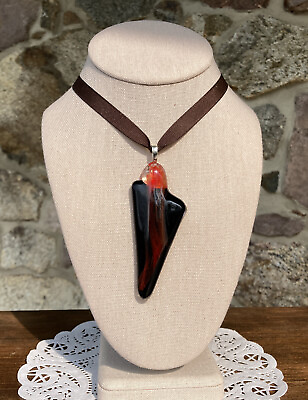 #ad Art Glass Arrow Shaped Pendant Necklace Brown Ribbon Handmade $12.25