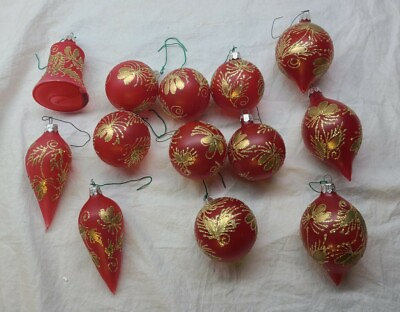 #ad Vintage Christmas Glass Ornaments Set of 13 Red amp; Gold Glitter Stencil Balls etc $13.50