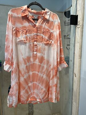 #ad Chicos 2 tunic button up Blouse Collared Shirt Tie Dye Coral Orange White Light $36.61