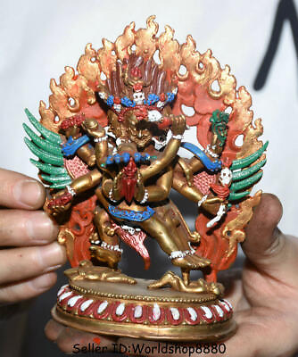 #ad 5quot; Old Tibet Copper Gilt Painting Guhyasamaja In Yab Yum Birds Buddha Statue $591.68