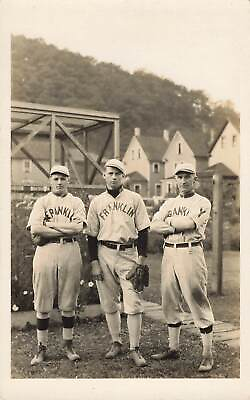 #ad 1910s RPPC Baseball Team 3 Players FRANKLIN men GREAT CONTRAST PHOTO Farm school $85.00