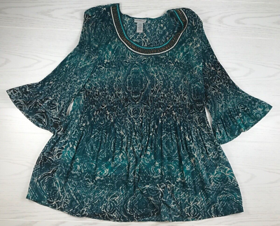 #ad Catherines 2X Shirt Top Blue Crinkle Stretch Beaded Paisley Floral Womans $25.00