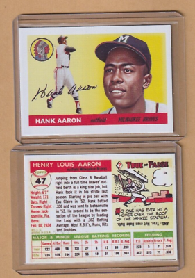 #ad HANK AARON 1955 STYLE NEWLY CREATED FRONT TOPPS BACK GLOSSY MILWAUKEE BRAVES $6.00
