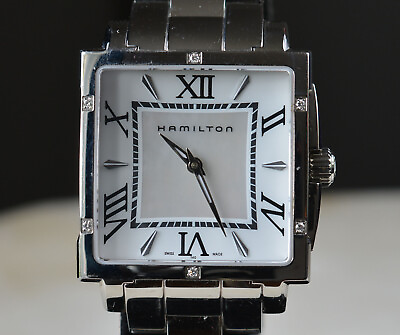 #ad HAMILTON JAZZMASTER H322910 30mm Square Ladies Quartz Swiss Wristwatch RUNS GOOD $250.00