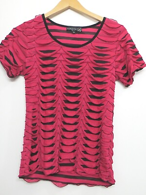 #ad 7 Wonders Blouse Womens Small Short Sleeve Modern Top Bright Pink Black Striped $12.60