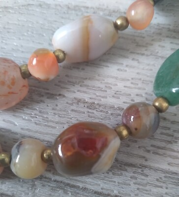 #ad Vintage Stone Agate Beaded Necklace 34in Multi Colored Red Green White $22.67