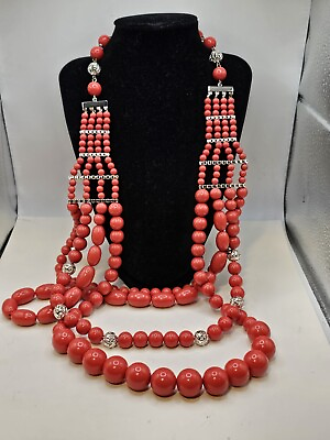 #ad Joan Rivers 4 Strand Necklace Faux Coral Silver Chunky Bead Signed Original Box $38.00