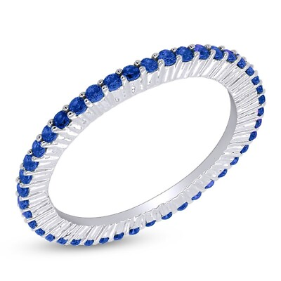 #ad Eternity Wedding Band Ring Simulated Gemstones Blue Sapphire 10K Real White Gold $285.23