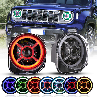 #ad 9#x27;#x27; Inch LED headlights RGB Color DRL Halo Angel Eyes For 2015 21 Jeep Renegade $375.99