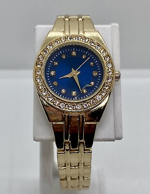#ad LADIES WATCH NEW BATtery Installed Gold Band Up To 7 1 2” Wrists Blue Iced Dial $6.90
