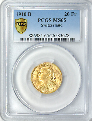 #ad RARE 1910 B Switzerland Gold 20 Francs PCGS MS 65 GEM $1188.88 $1188.88