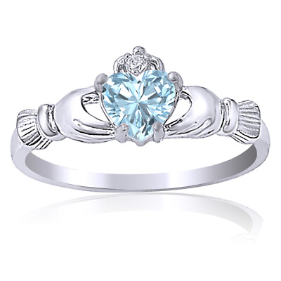 #ad Heart Claddagh Ring Heart Shaped Aquamarine And Cz In 925 Sterling Silver $183.56