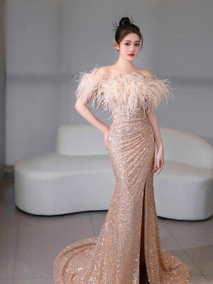 #ad Feather Champagne Gold Prom Dress Strapless Side Split Mermaid Sequin Gowns $138.80