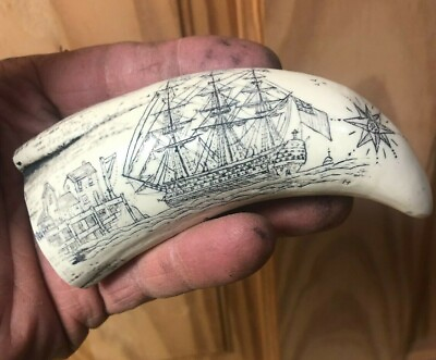 Scrimshaw sperm whale tooth REPRODUCTION.2 angels over British ship HMS Victory $6.95
