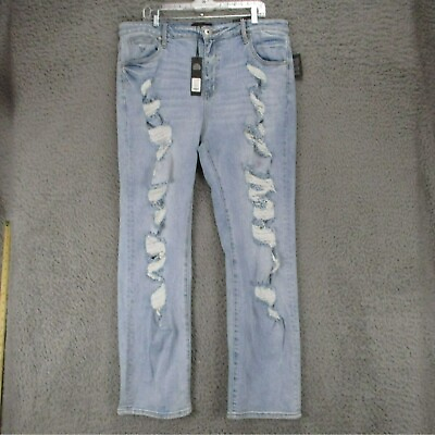 #ad Fashion Nova Jeans Womens 18 Light Wash Stretch Hi Rise Distressed Straight NWT $19.00