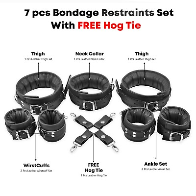 #ad Real Leather Restraints 7 PC Harness Set for Women Men Handmade Padded BDSM Kit $48.74