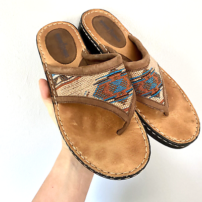 #ad Minnetonka Sandals Womens Size 10 Leather Southwestern Woven Textile Flip Flop $22.00