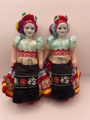 #ad Two Vintage Hungarian Folk Art Hand Made Matyo Fabric Dolls with Glass Heads $39.99