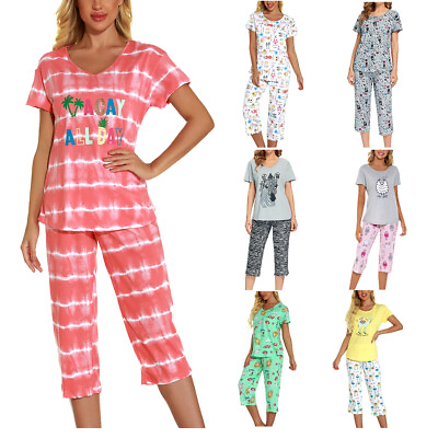 #ad Women Cute Pajama Set Soft Cotton Short Sleeve Comfy Pjs Pant 2 Piece Sleepwear $17.99