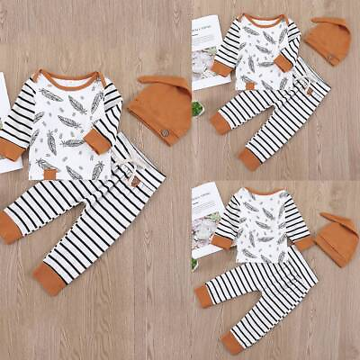#ad 3PCS Newborn Baby Boys Striped Outfit Set Long Sleeve T Shirt Pants Hat Clothes $16.79