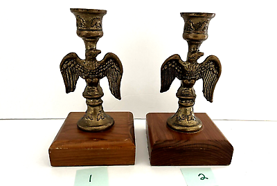 #ad Pair Americana Eagle Candleholder Heavy Brass with Wood Base 7quot; high Vintage $24.00
