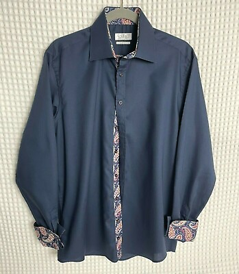#ad Sovrano Mens Large Navy Blue Long Sleeve Button Up Paisley Contrast Trim Shirt $5.91