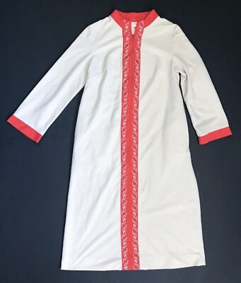 #ad Vintage Cozy Fleece Housecoat Robe Size S M Cream w Orange Embroidered Trim $15.00
