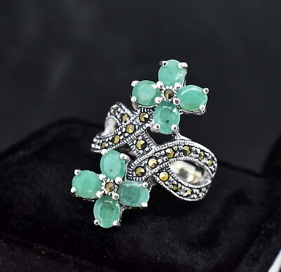 #ad Natural Emerald 9.16Gm Twisted Flower Symbol 925 Sterling Silver Engagement Ring $77.69