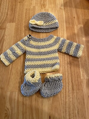 #ad Crochet Newborn Outfit Handmade Gray And Yellow Stripe. Sweater Hat Booties. $29.99