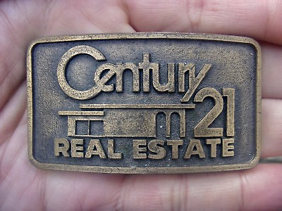 #ad Vtg CENTURY 21 Belt Buckle REALTY Real Estate Agent Realtor SIGN Brass RARE VG $34.99