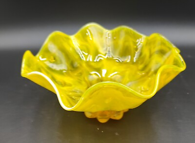 #ad Vintage Yellow Art Glass Swirl Decorative Bowl Handmade Wavy Edge $12.82