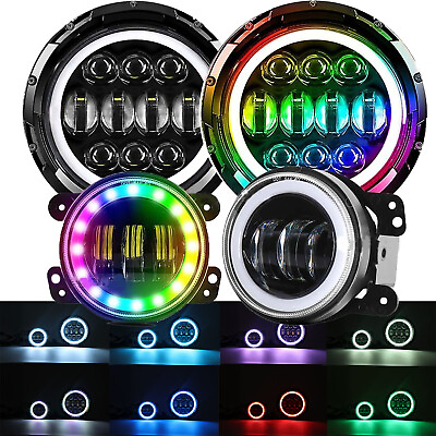 #ad For Jeep Wrangler JK JKU 07 17 Combo RGB 7quot; LED Headlights 4quot; Fog Lights Kits $146.99