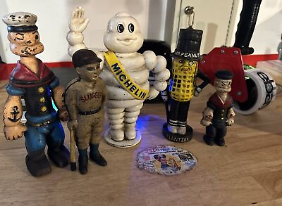 #ad Michelin Mr. Peanut Popeye Bambino Piggy Bank Lot x5 Cast Iron Patina Collector $269.00
