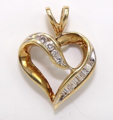 #ad 10K Yellow Gold 0.25ctw. Baguette amp; Round Cut Diamond 1quot; Heart Pendant LMK2 $199.99