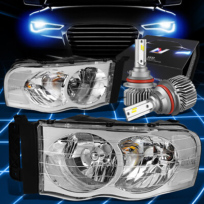 #ad Fit 2002 2005 Dodge Truck Signal Crystal Headlight Lamp W LED Slim Style Chrome $132.87