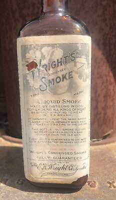 #ad Antique WRIGHT#x27;S Condensed Smoke Bottle w Paper Label 9.5quot; Amber Glass $15.00