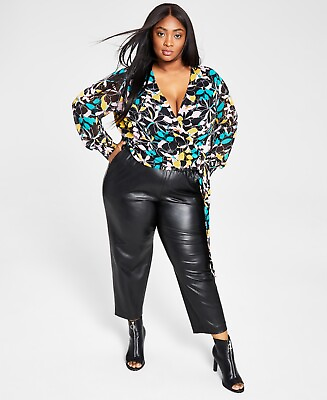 #ad MSRP $60 Bar III Women Trendy Plus Size Printed Wrap Blouse Black Size 1X $23.99