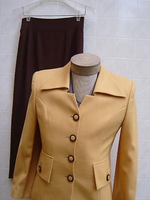 #ad Women’s 100% Wool Land’s Fashion Two Piece Jacket Square Lapel Yellow Brown M 6 $124.00