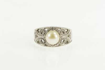 #ad 10K Pearl Filigree Diamond Scroll Engagement Ring White Gold *13 $469.95