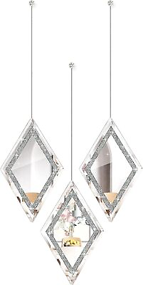#ad Diamond Decorative Set Of 3 Silver Glass Mirrors Wall Mounted Chain Wood Base $83.00