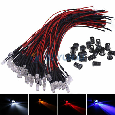 #ad 12V F5mm white Red Round Pre wired water Clear led with Plastic Holder 10 100Pcs $1.30