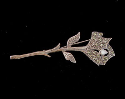 #ad Lovely Vintage Sterling Silver amp; Marcasite Rose Flower Brooch Pin 4g $19.99