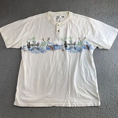 #ad Reel Legends Shirt Men#x27;s XL Beige Short Sleeve Henley Fishing Scene Graphic $22.39