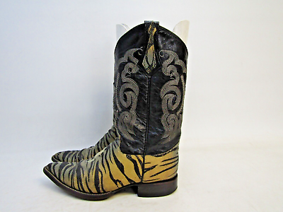 #ad Mens Sz 10 D Black All Leather Eel Cowboy Tiger Print Pointed Toe Western Boots $71.24